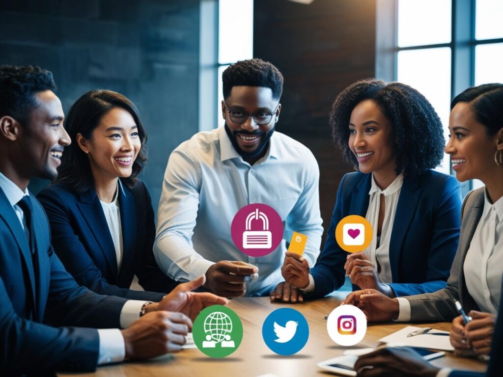 A group of five professionals in a modern meeting room, smiling and collaborating around a wooden table. They are holding and pointing to digital icons representing web security (a lock), a credit card, a heart, a globe, and social media platforms (Twitter and Instagram), symbolizing digital marketing and secure online solutions. The setting is professional, with large windows and a warm, inviting atmosphere.