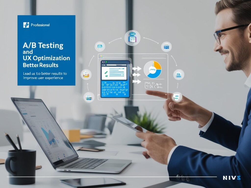 A professional in a blue suit points at a holographic interface displaying A/B testing and UX optimization visuals, including a pie chart, website layouts, and data icons. The text "A/B TESTING AND UX OPTIMIZATION BETTER RESULTS" is overlaid in white on a blue background, with the subtitle "Lead us to better results to improve user experience" in smaller text. A laptop, smartphone, and desk items like a pen holder and plant are visible in the foreground, creating a modern office setting. The logo "NIVS" is in the bottom right corner.