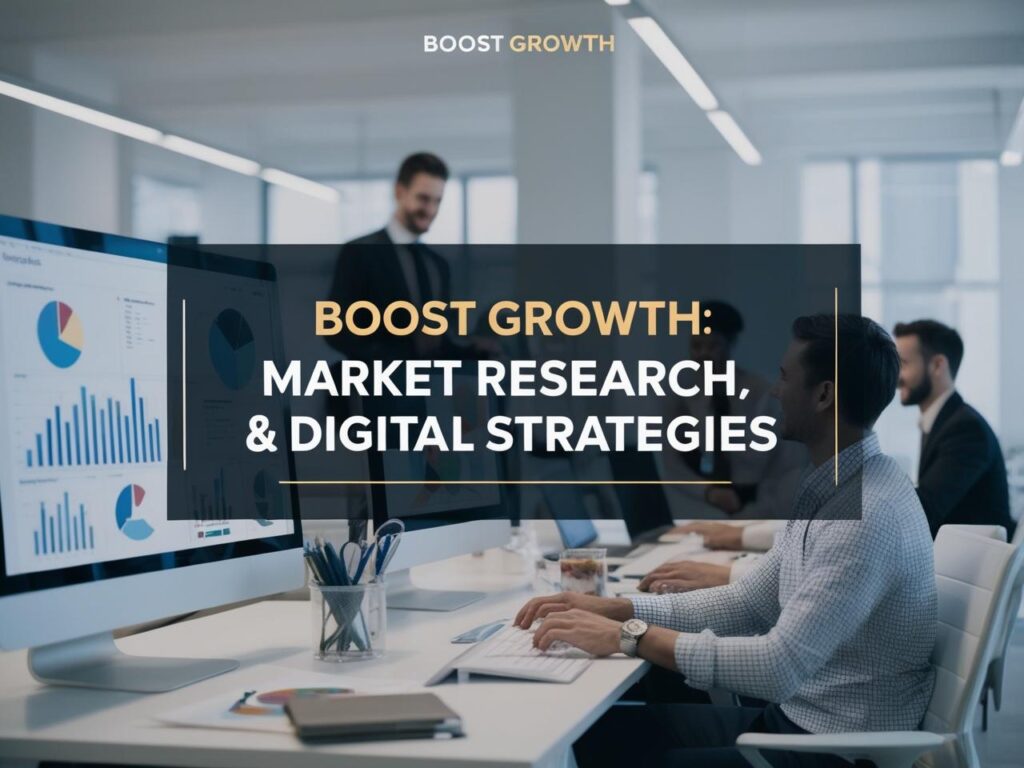 Boost Growth: Market Research & Digital Strategies on GeniusWebDesigns.com, featuring a computer screen displaying a user-friendly website interface with intuitive navigation and vibrant visuals, set on a modern desk with a notebook, pen, and a coffee cup, in a bright office setting.