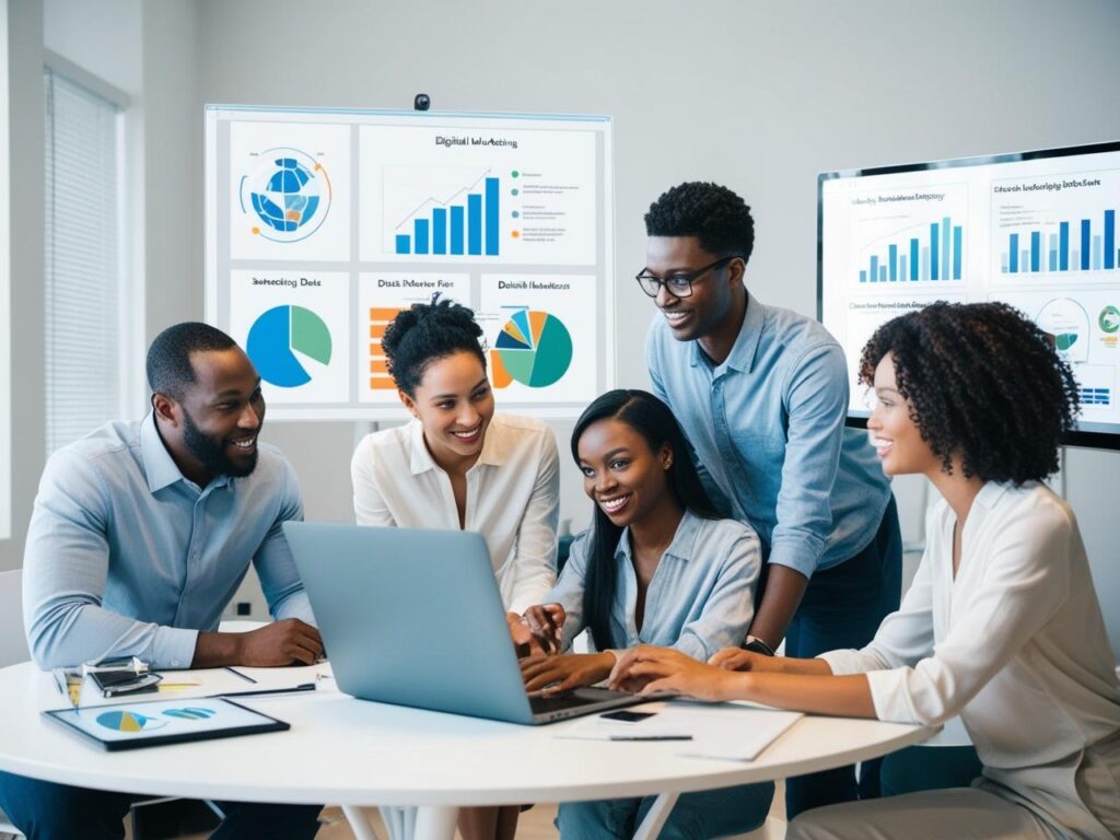 A group of five professionals in a modern meeting room, gathered around a round table with a laptop, notebooks, and a tablet. They are smiling and collaborating, with two large screens in the background displaying charts, graphs, and data visualizations labeled "Digital Marketing." The setting is bright and professional, with natural light streaming through a window, highlighting an engaged and productive team atmosphere.