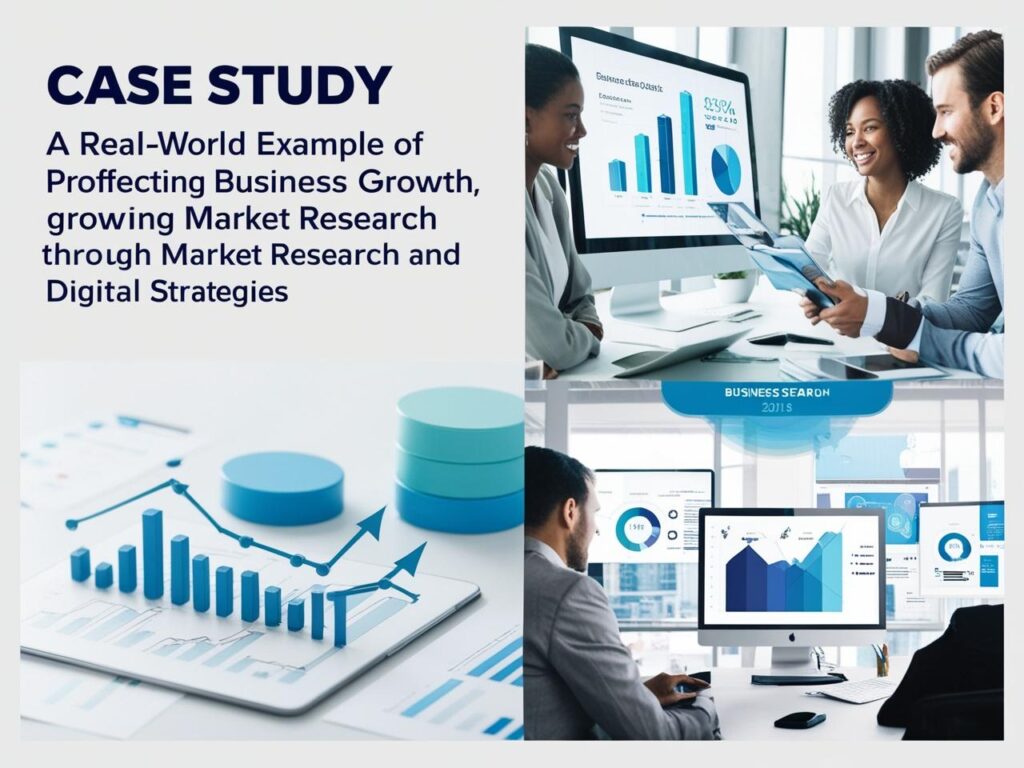 A composite image featuring a professional setting with two scenes. On the left, a tablet displays a chart with blue bars and a rising line graph, symbolizing business growth, alongside stacked blue cylinders. On the right, three professionals collaborate at a desk with a large monitor showing bar charts and pie charts, indicating market research data. The text "CASE STUDY: A Real-World Example of Profiting Business Growth through Market Research and Digital Strategies" is overlaid in dark blue on a light background at the top. A "BUSINESS SEARCH 2021" banner in blue is at the bottom right. The setting is modern, with natural light and plants in the background.