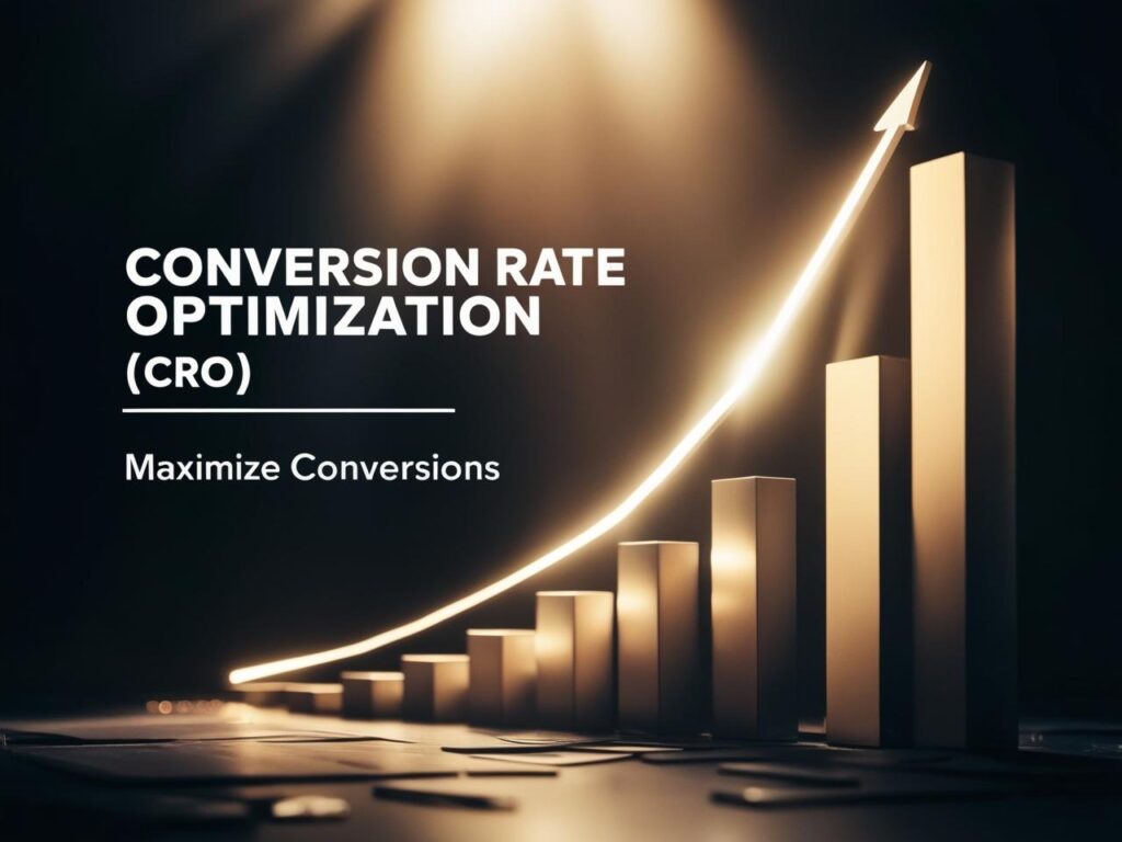A cinematic image featuring a series of ascending 3D bar charts in gold, illuminated by a dramatic spotlight, with a glowing white arrow trending upwards, symbolizing growth. The text "CONVERSION RATE OPTIMIZATION (CRO)" and "Maximize Conversions" is overlaid in bold white, set against a dark gradient background, creating a sleek and professional visual focused on digital marketing success.