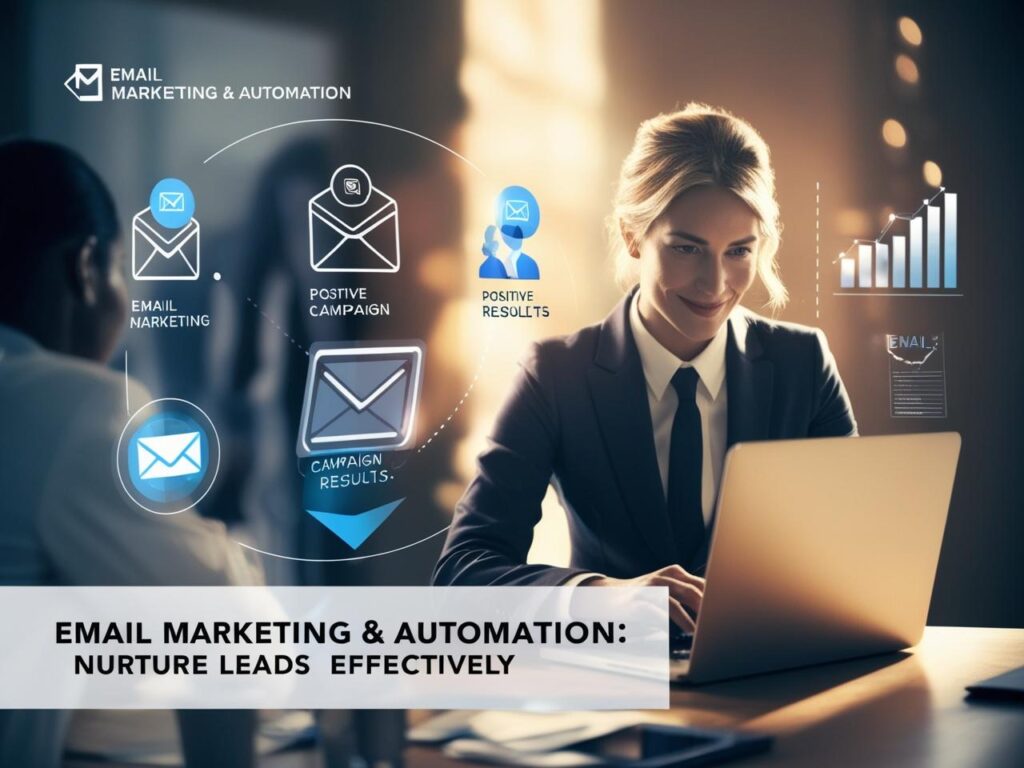 A professional working on a laptop in a modern office, with a holographic display above showing email marketing and automation concepts, including icons of envelopes, a campaign results graph, and positive results indicators. The text "EMAIL MARKETING & AUTOMATION" and "NURTURE LEADS EFFECTIVELY" is prominently displayed at the top and bottom, respectively. The background features a warm, cinematic lighting effect with subtle digital elements, creating an innovative and focused atmosphere.