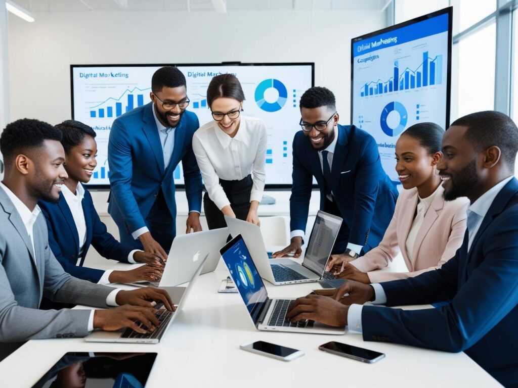 A diverse group of eight professionals in a modern meeting room, collaborating around a table with laptops and smartphones. They are smiling and engaged, with some pointing at screens displaying "Digital Marketing" data, including bar charts, pie charts, and graphs. Large screens in the background also show marketing analytics, creating a dynamic and productive atmosphere with natural light streaming through windows.