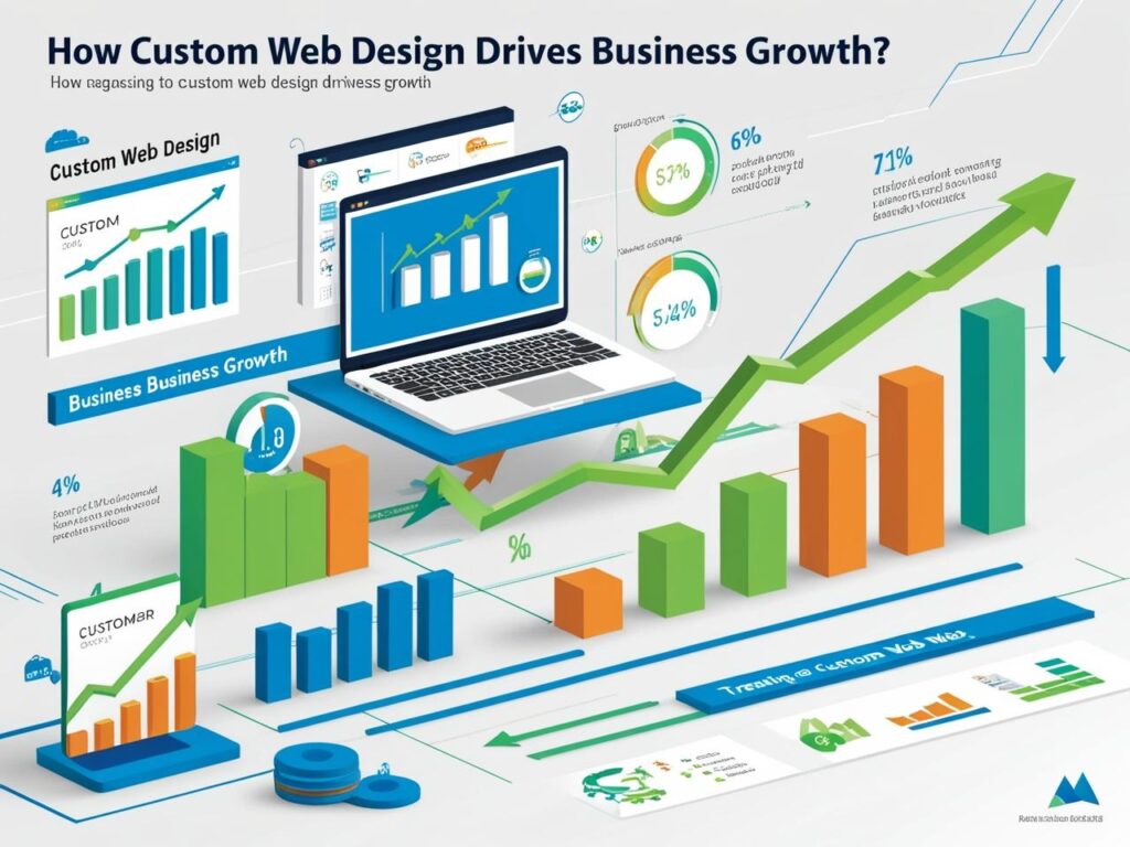 Infographic titled 'How Custom Web Design Drives Business Growth?' on GeniusWebDesigns.com, illustrating the impact of custom web design with charts and graphs showing business growth, customer growth, and trends, featuring statistics like 71% increased conversion rates and 6% higher customer satisfaction.