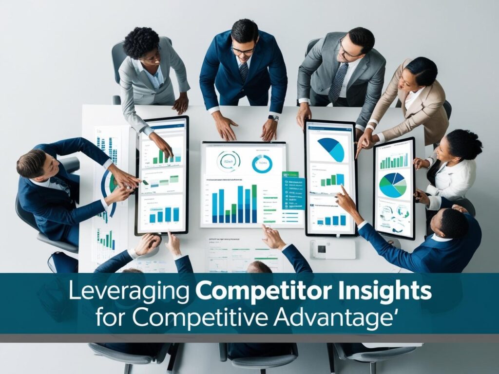 A top-down view of eight professionals in a modern meeting room, gathered around a large table with multiple screens displaying charts, graphs, and pie charts. The team is actively collaborating, pointing at the data on the screens. The text "Leveraging Competitor Insights for Competitive Advantage" is overlaid at the bottom in white on a teal background, emphasizing the focus on data-driven strategy. The setting is professional and focused, with a clean, minimalist design.