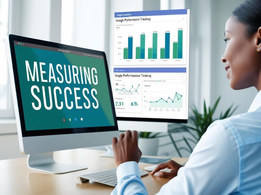 A professional working at a desk with a large monitor displaying the text "MEASURING SUCCESS" in white on a teal background. The screen also shows Google Analytics performance tracking data, including bar charts and line graphs with metrics such as 2.31% and 6%. A second monitor beside it displays additional performance tracking visuals. The individual is smiling, wearing a light blue shirt, and the setting is a bright office with a potted plant in the background.