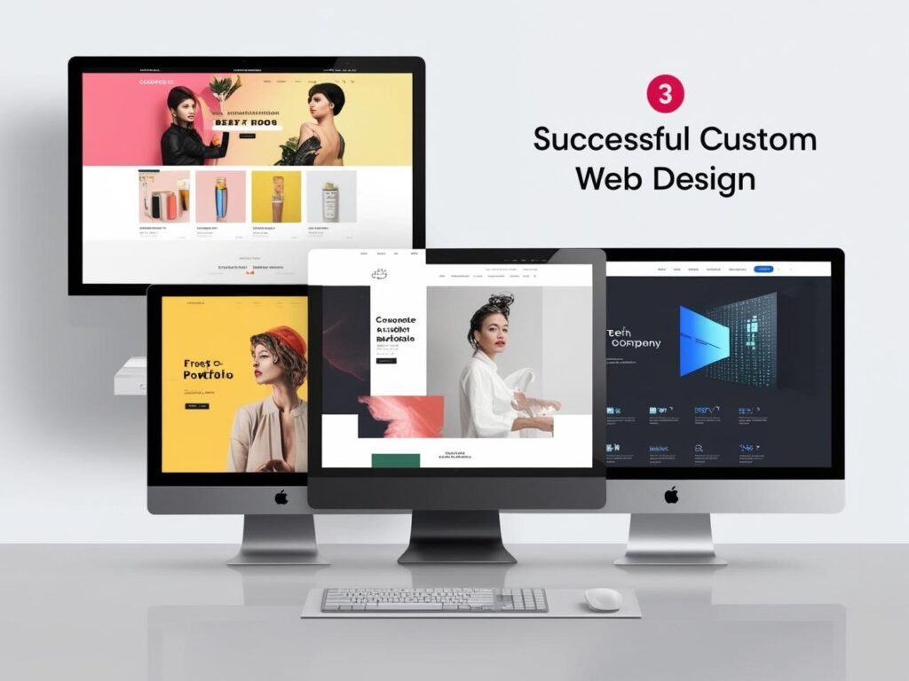 Image showcasing 'Successful Custom Web Design' on GeniusWebDesigns.com, featuring multiple computer screens displaying unique and modern website designs, including vibrant portfolios and professional layouts, arranged on a sleek desk setup.