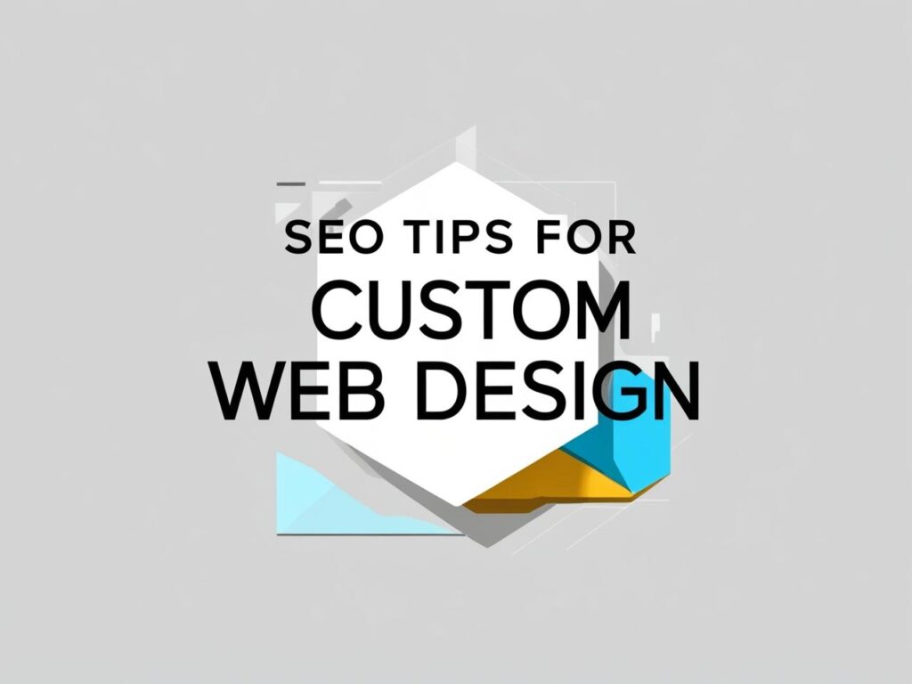 Image titled 'SEO Tips for Custom Web Design' on GeniusWebDesigns.com, featuring a modern geometric design with bold text and colorful abstract shapes, highlighting SEO strategies for custom web design