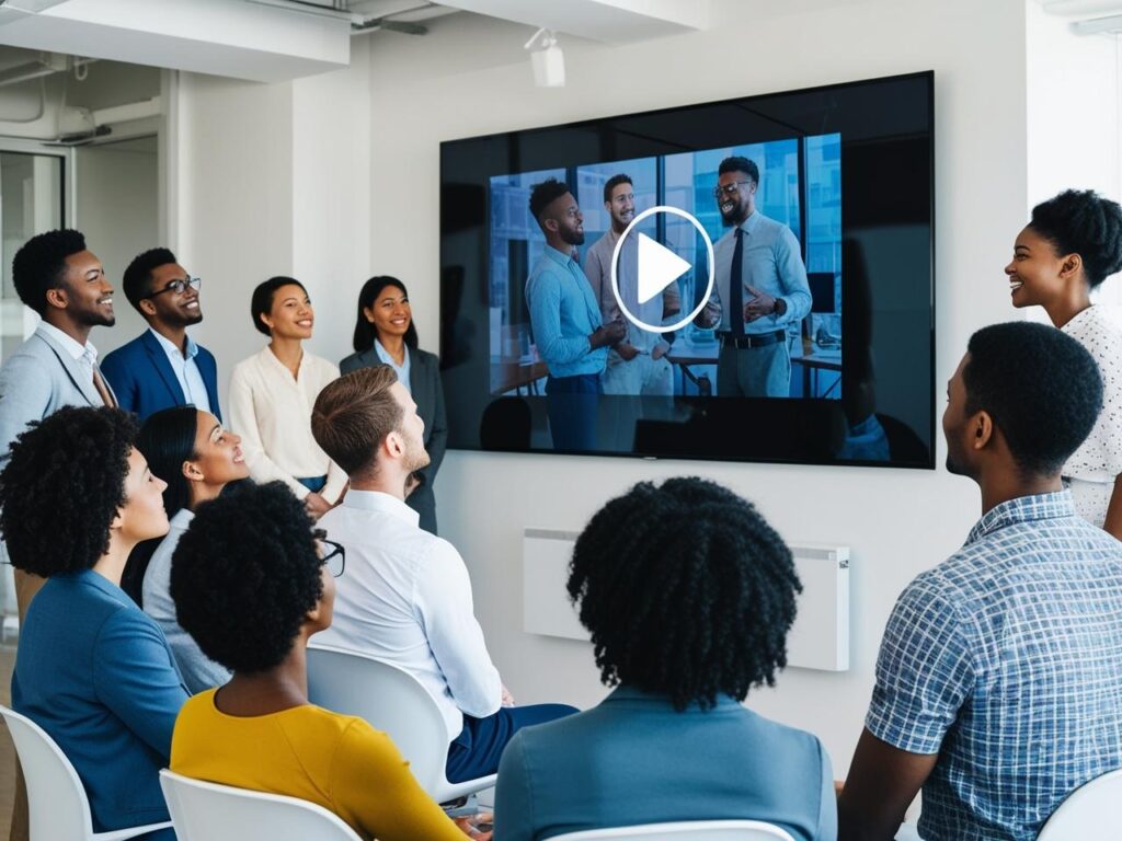 A diverse group of eight professionals seated in a modern office, attentively watching a large screen displaying a paused video with a play button. The video shows two men in a business setting, suggesting a presentation or training session. The room is well-lit with natural light from large windows, and the team members are dressed in business casual attire, creating an engaged and collaborative atmosphere.