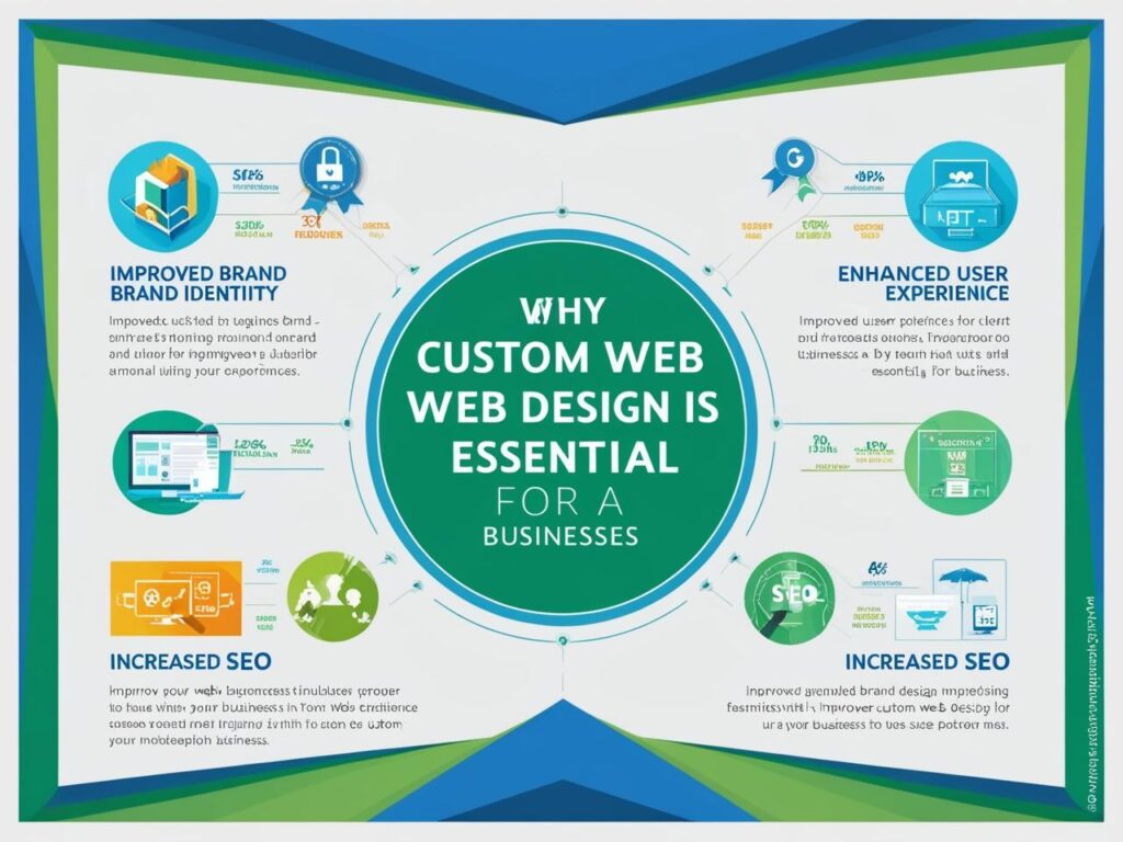 Infographic titled 'Why Custom Web Design is Essential for a Business' on GeniusWebDesigns.com, highlighting benefits like improved brand identity, enhanced user experience, increased SEO, and better brand design, with colorful icons and statistics.