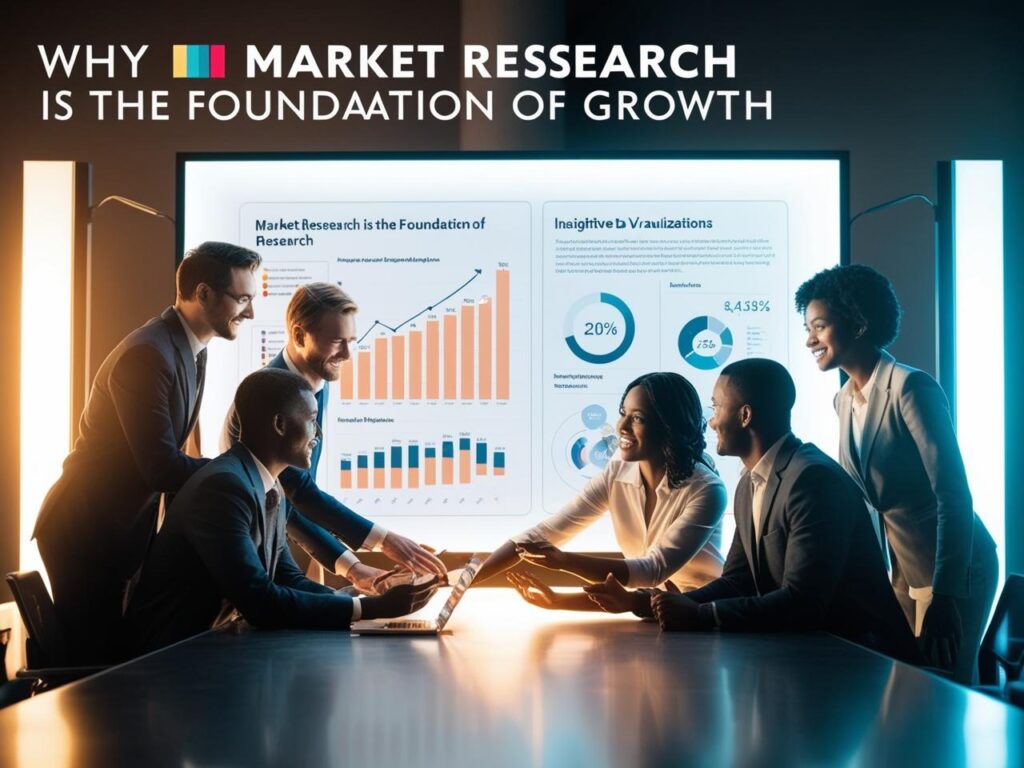 A group of professionals in a modern meeting room, smiling and collaborating around a table with a laptop. Behind them, a large screen displays charts and graphs titled "Market Research is the Foundation of Growth." The text "WHY MARKET RESEARCH IS THE FOUNDATION OF GROWTH" is prominently overlaid at the top of the image in bold white letters with "MARKET RESEARCH" highlighted in yellow, blue, and red.