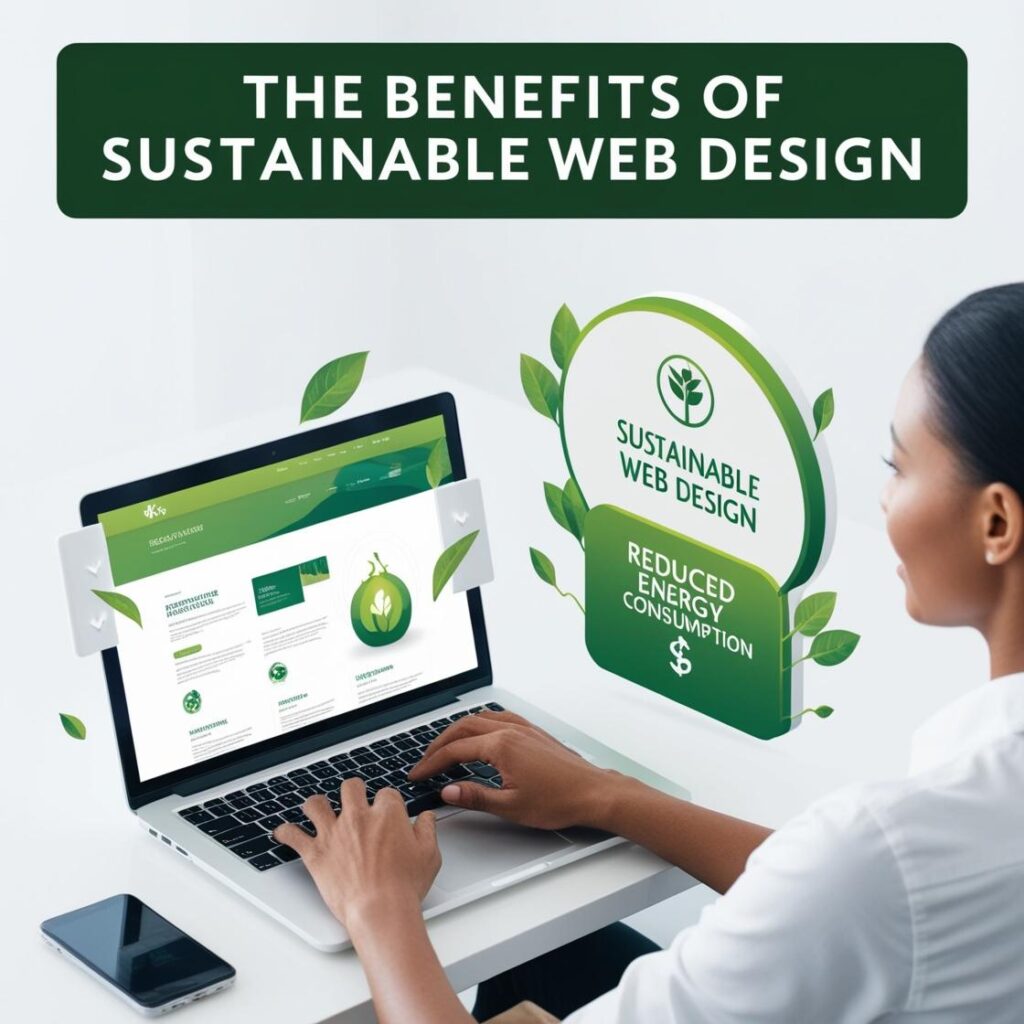 Image titled 'The Benefits of Sustainable Web Design' on GeniusWebDesigns.com, featuring a person working on a laptop displaying an eco-friendly website with green leaves, alongside a badge highlighting 'Sustainable Web Design' and 'Reduced Energy Consumption,' set on a clean desk with a smartphone.
