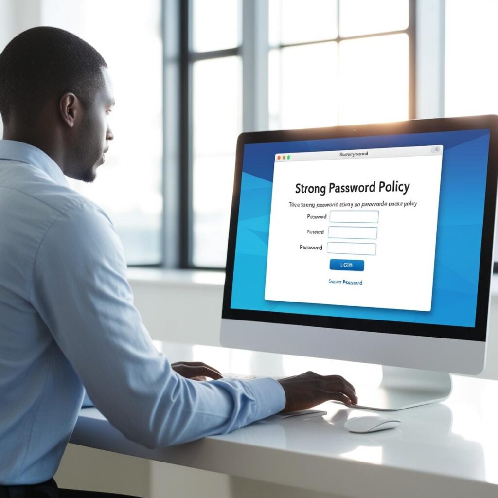 Image on GeniusWebDesigns.com showing a professional working at a desk with a computer displaying a 'Strong Password Policy' login screen, emphasizing the importance of secure password practices in custom web design, set in a bright office environment.