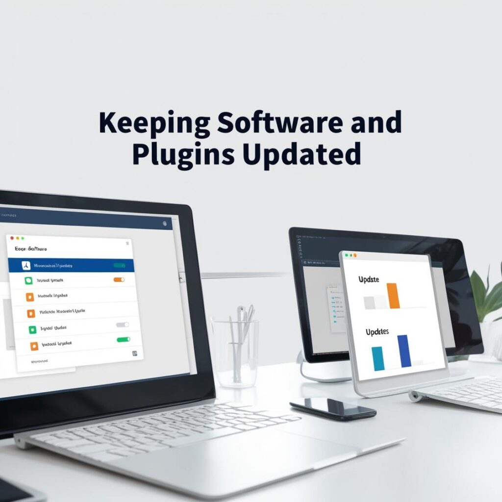 Image titled 'Keeping Software and Plugins Updated' on GeniusWebDesigns.com, showing multiple computer screens displaying software update interfaces and plugin management dashboards, set on a modern desk with a smartphone and office supplies in the background.