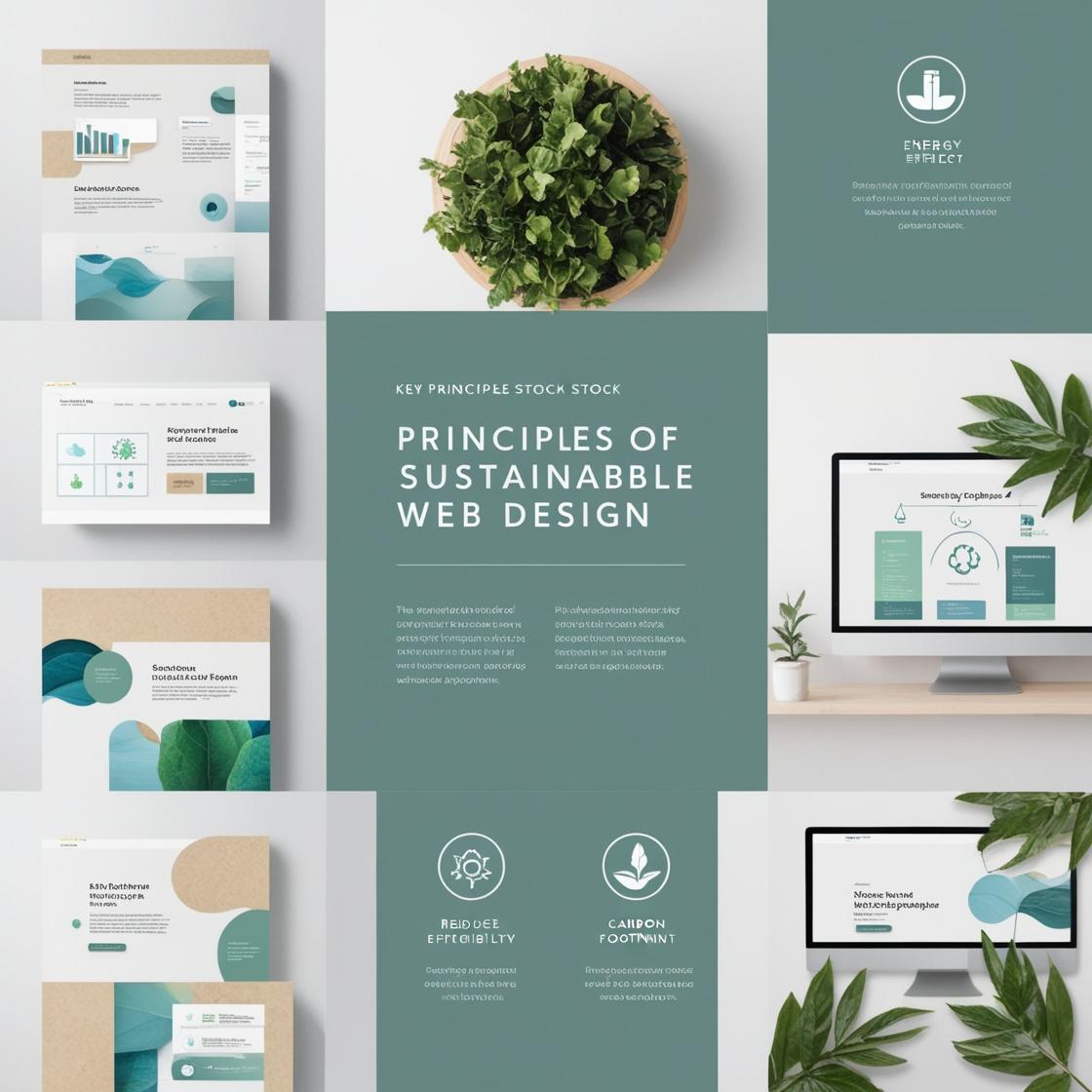 Image titled 'Key Principle: Principles of Sustainable Web Design' on GeniusWebDesigns.com, featuring a collage of eco-friendly web design concepts with charts, a potted plant, and screens displaying sustainable design principles like reduced efficiency and carbon footprint, set against a green background.