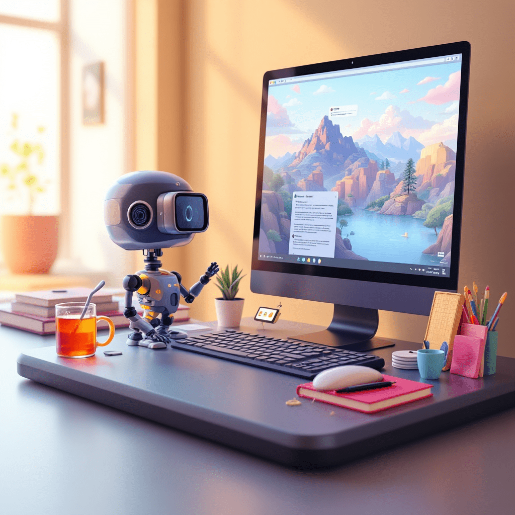 Image on GeniusWebDesigns.com featuring a small robot working at a desk with a computer displaying a scenic landscape wallpaper, surrounded by office supplies like a cup of tea, books, a plant, and colorful stationery, set in a cozy room with natural light.