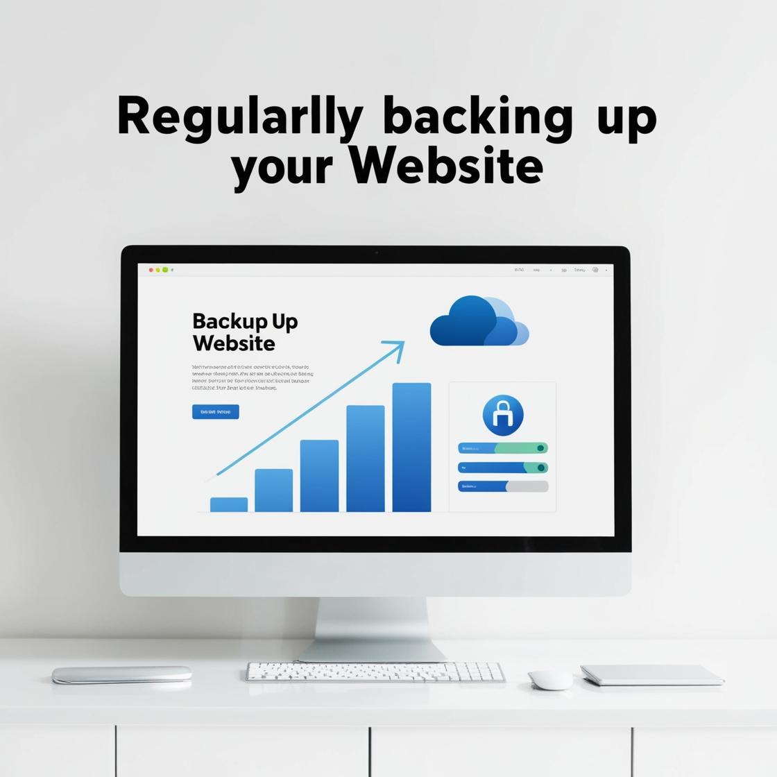 Image titled 'Regularly Backing Up Your Website' on GeniusWebDesigns.com, featuring a computer screen displaying a 'Backup Up Website' interface with a cloud icon, progress bars, and a chart, set on a minimalist desk with a keyboard and mouse.