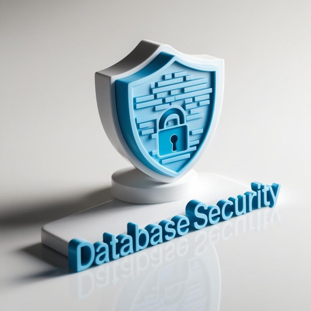 Image titled 'Database Security' on GeniusWebDesigns.com, featuring a 3D shield with a lock icon symbolizing strong security, placed above the text 'Database Security,' set against a clean white background