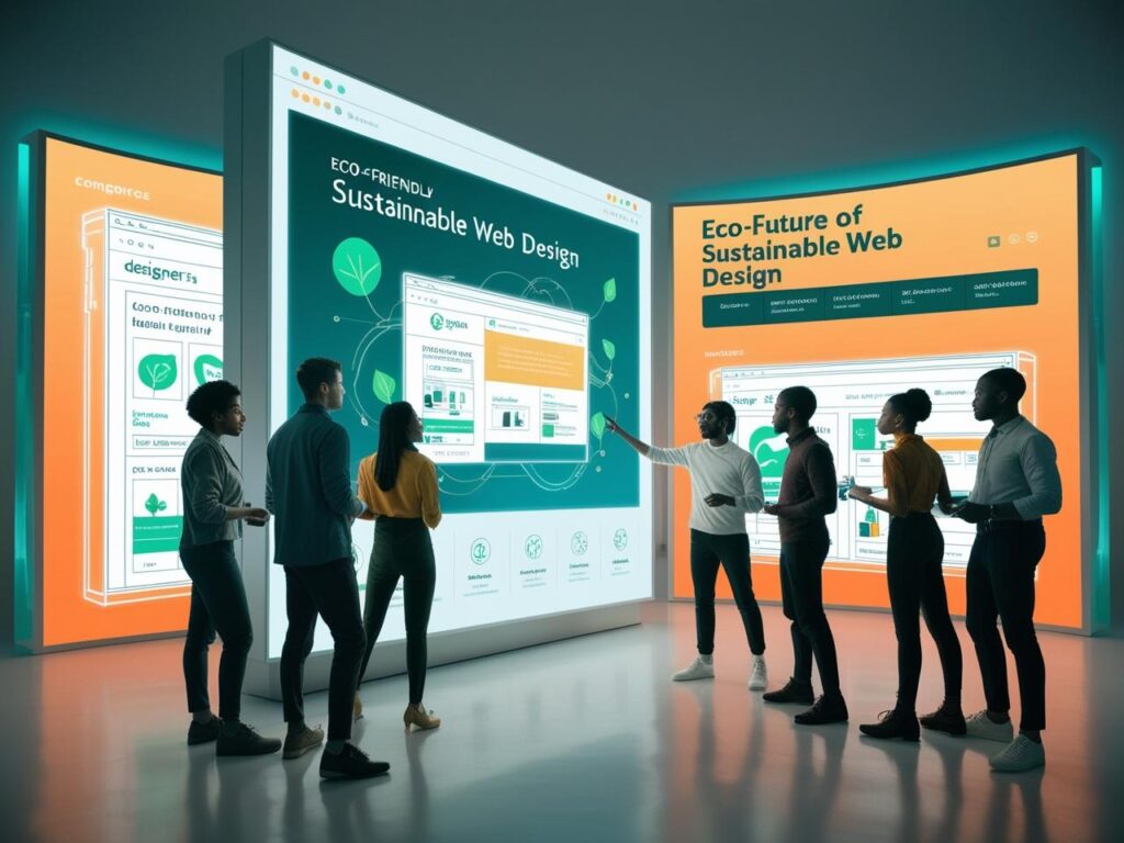 Image on GeniusWebDesigns.com showcasing a group of people viewing large digital displays with 'Eco-Friendly Sustainable Web Design' and 'Eco-Future of Sustainable Web Design' themes, featuring eco-conscious website designs with green elements, set in a modern exhibition space