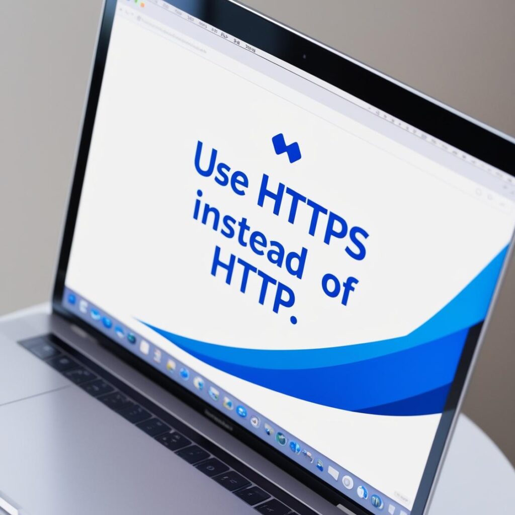 Image on GeniusWebDesigns.com showing a laptop screen with the text 'Use HTTPS instead of HTTP,' emphasizing the importance of secure web protocols for custom web design, set against a minimalist background.