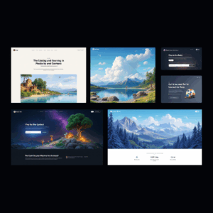 A collection of website interfaces from geniuswebdesigns.com on a dark background, featuring scenic designs with "The Luvlag and Lourvog in Mosiles and Comters" showing a beach and mountains, a serene lake with mountains, "Vey in the Loadert" with a glowing tree and characters, and additional pages with mountain landscapes and login/signup forms.