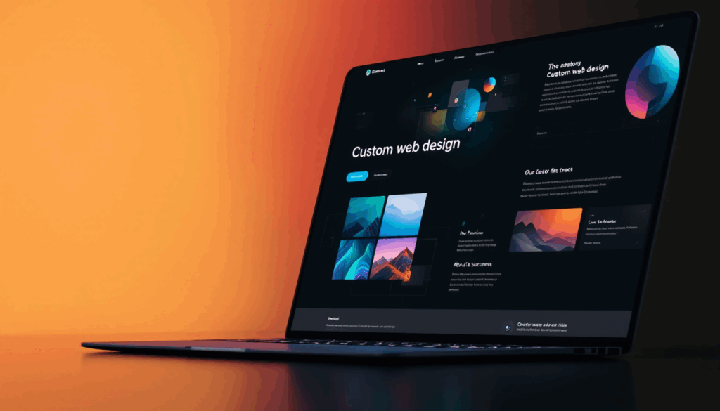 A laptop from geniuswebdesigns.com displaying the "Esticad" website with a "Custom Web Design" page, featuring vibrant landscape images, sections like "Our Color Has Tracs" and "Recent Comments," set against an orange gradient background on a sleek black desk.