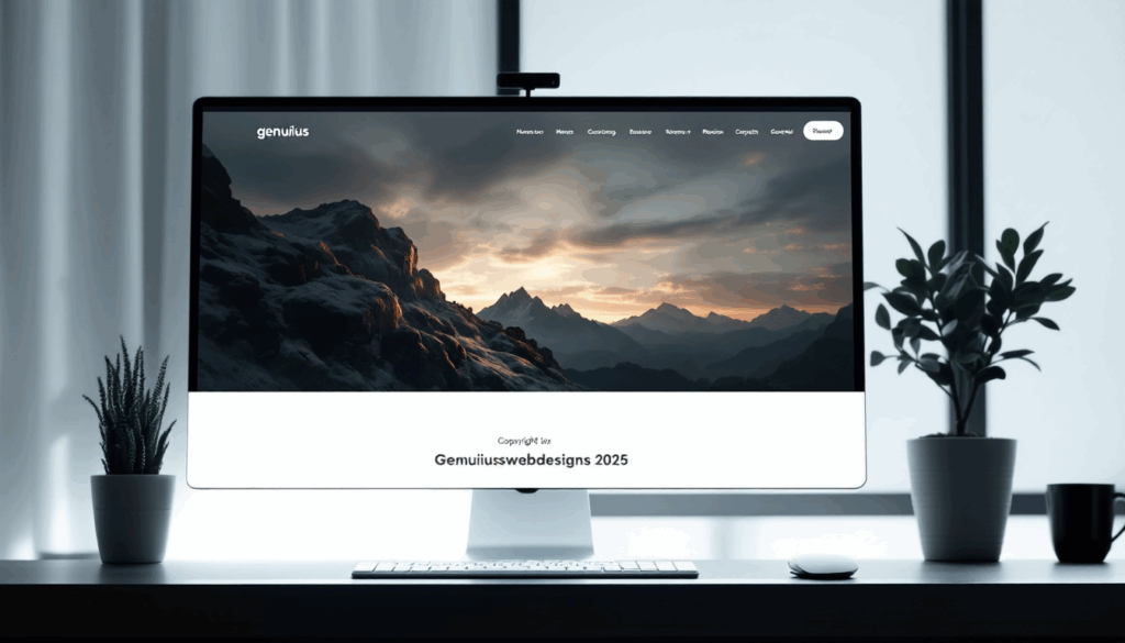 A modern desktop setup from geniuswebdesigns.com featuring an iMac displaying a scenic mountain landscape at sunset, with the website "genuius" open, surrounded by potted plants, a black mug, and a mouse on a sleek desk near a window with curtains.