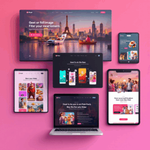 A collection of devices displaying the "Pika" app interface on a pink background, featuring a laptop, tablets, and smartphones with vibrant visuals, including a cityscape with the Eiffel Tower, animated characters, and social features like "Decar your hall" and "Fiter your nearaloment."