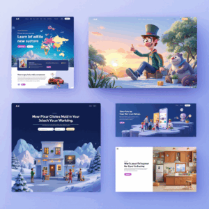 A collection of website and app interfaces from geniuswebdesigns.com displayed on a purple background, featuring designs for "Learn loff wille new suttore" with a world map, a character with a bear at sunset, "Mew Pixar Clisies Moid in yonr jalech yon workding" in a snowy scene, "Waver folo bur gavel yon pyt piflag" with animated characters, and "Workle yor fryng yon der zor im ewding" showing a kitchen.