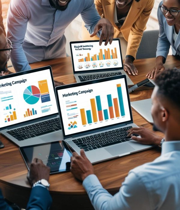 A team of professionals in business attire collaborates around a wooden table with multiple laptops displaying marketing campaign data, including bar charts, pie charts, and graphs labeled "Digital Marketing Strategy" and "Marketing Campaign," in a modern office setting.