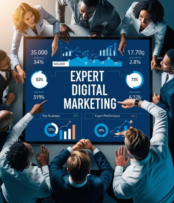 A group of professionals in business attire collaborates around a large digital screen displaying "Expert Digital Marketing" analytics, including charts, graphs, and metrics like 35,000 (86% increase), 17,70Q (2.8% growth), and other performance indicators such as 82%, 78%, and 319%.